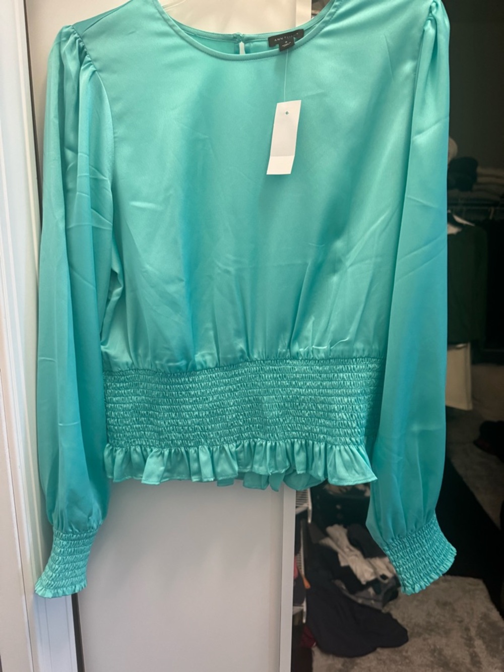 Ann Taylor Mint Green Aqua Smocked-Waist Long Sleeve Blouse